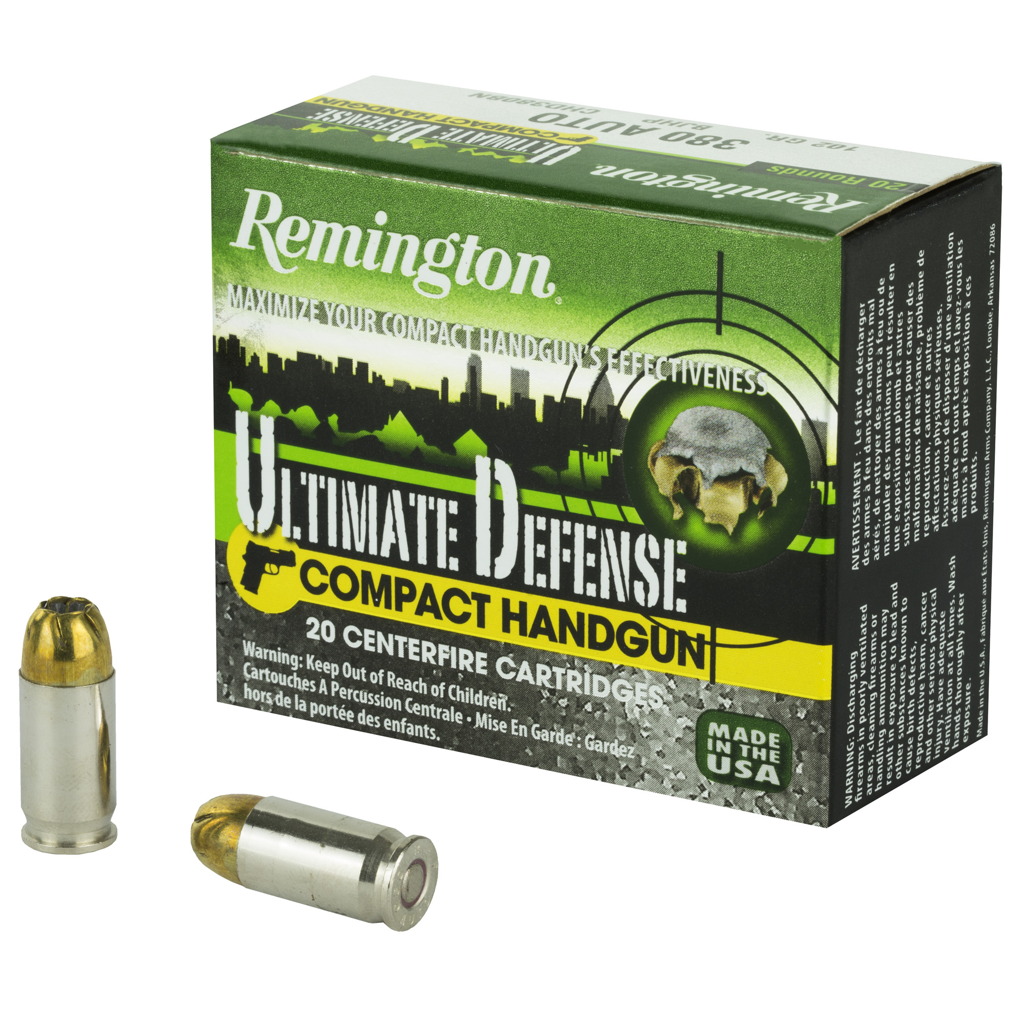 Remington Compact Ultimate Home Defense 380 ACP 102 Gr Brass HP- 100 Rounds-img-0